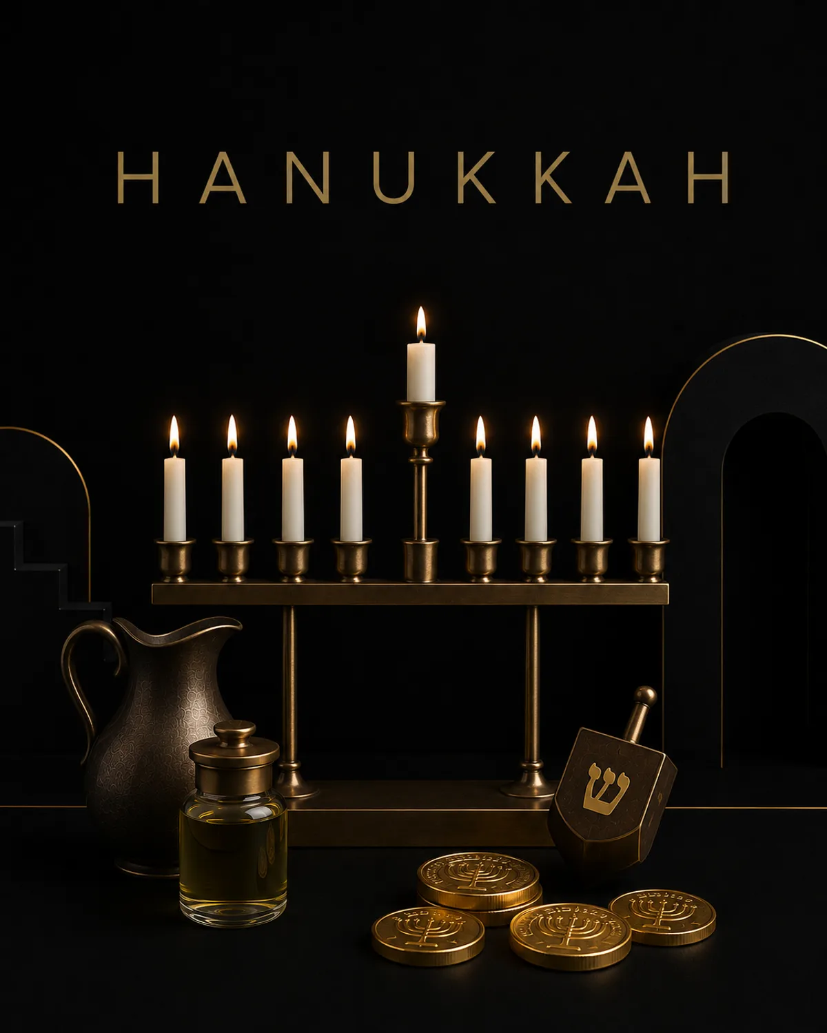 A lit menorah glowing in the early evening.