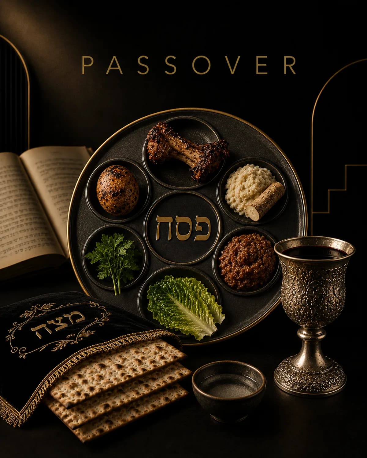 A seder plate with matzah for Passover.