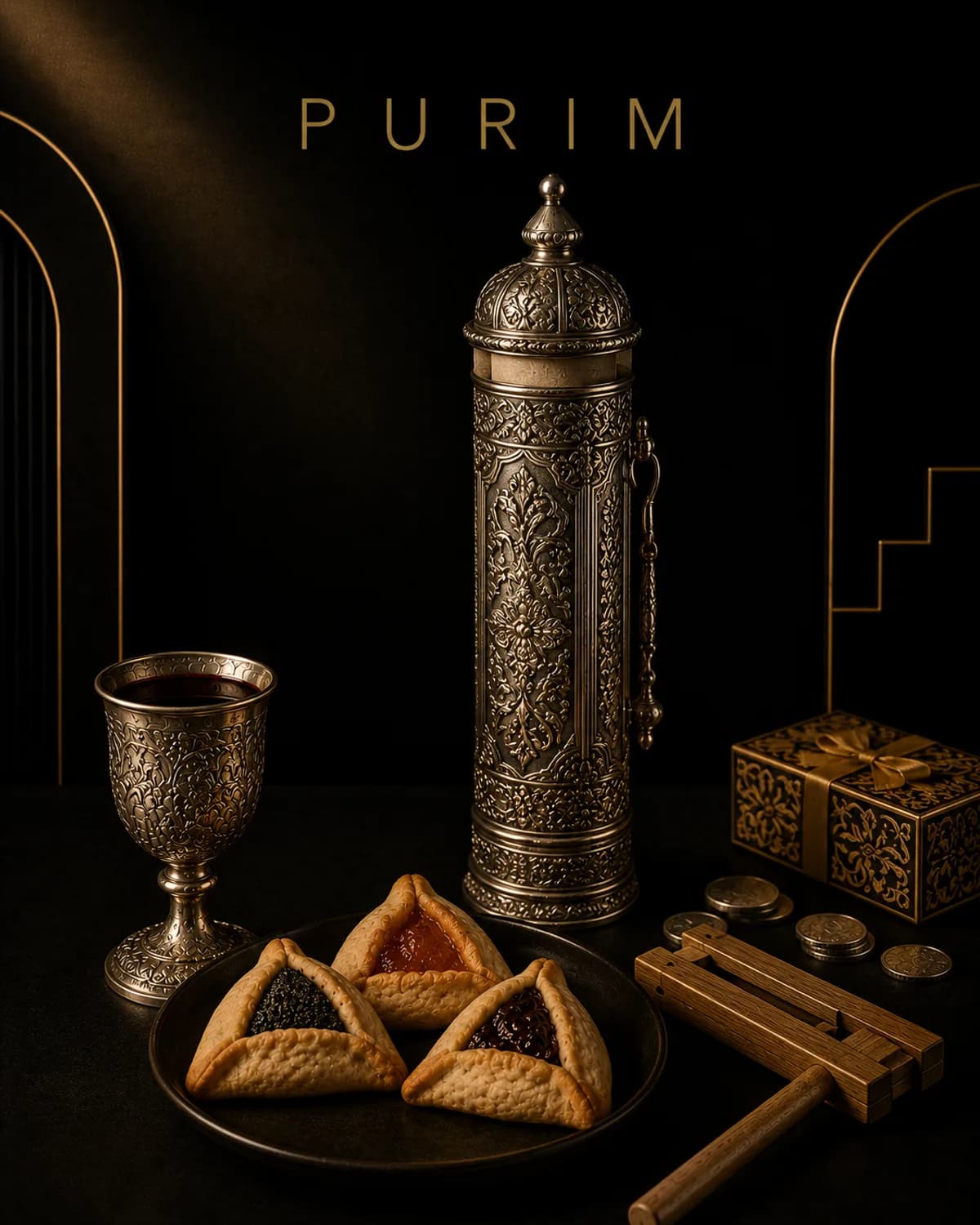 Hamantaschen cookies arranged on a serving plate for Purim.