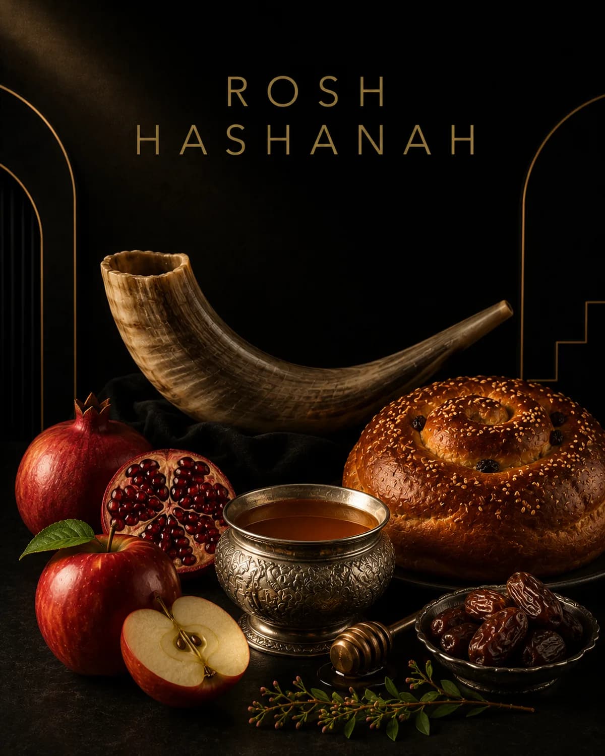 Pomegranate, honey, and apples on a linen table for Rosh Hashanah.