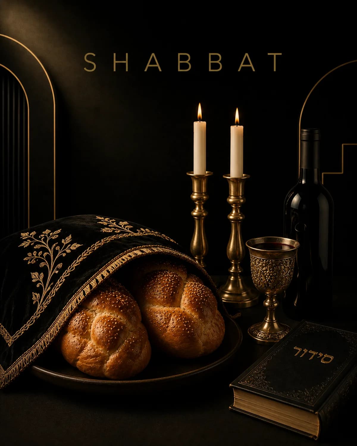 Shabbat candles next to challah on a linen runner.