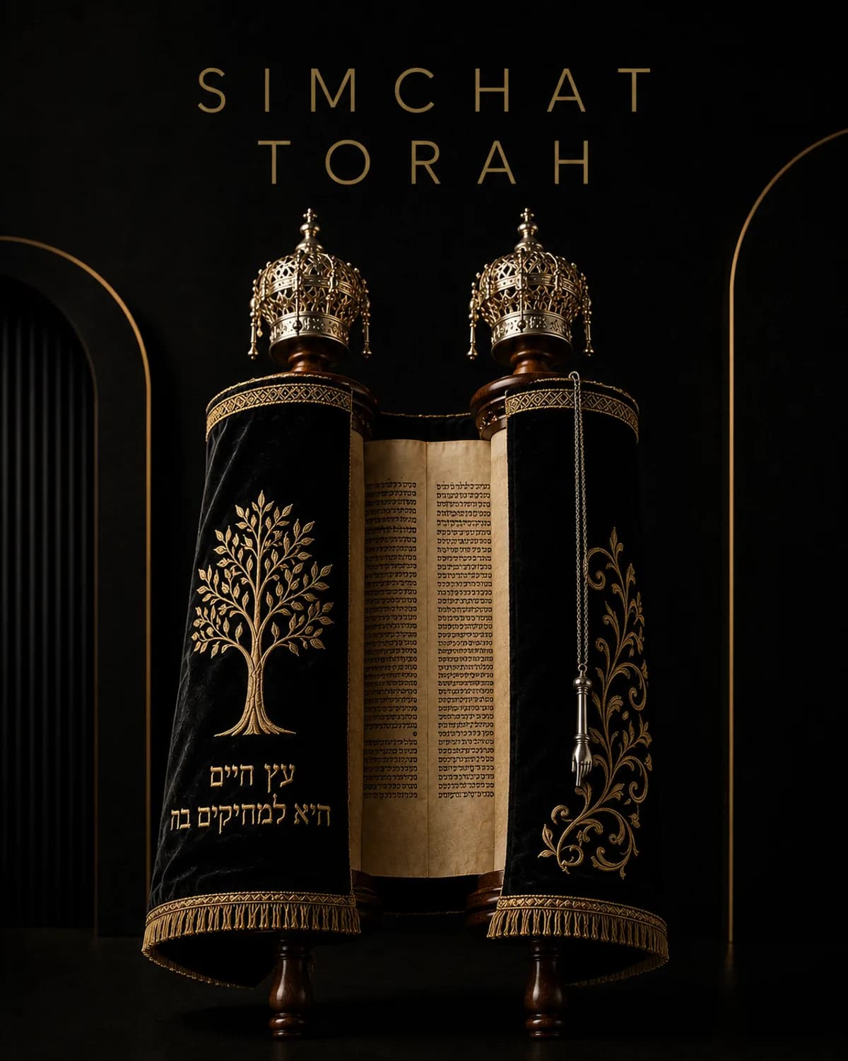 A close detail of an open Torah scroll.
