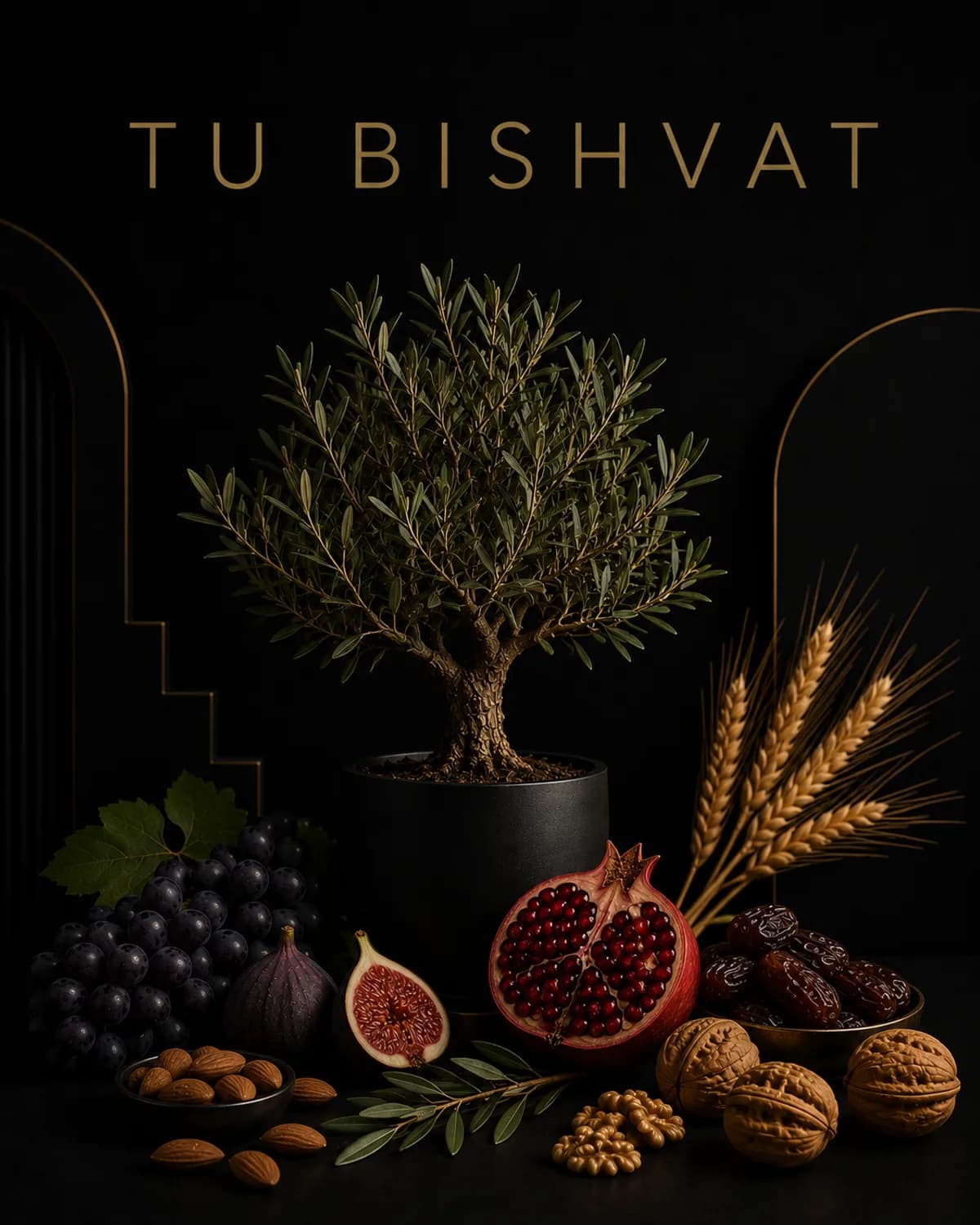 Dried fruits and nuts arranged in a ceramic bowl for Tu B'Shvat.